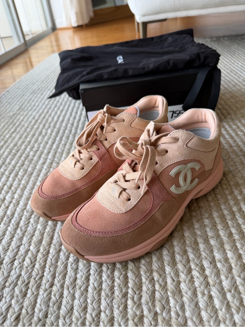CHANEL Peach & Blush Suede CC Logo Sneakers - Women's
